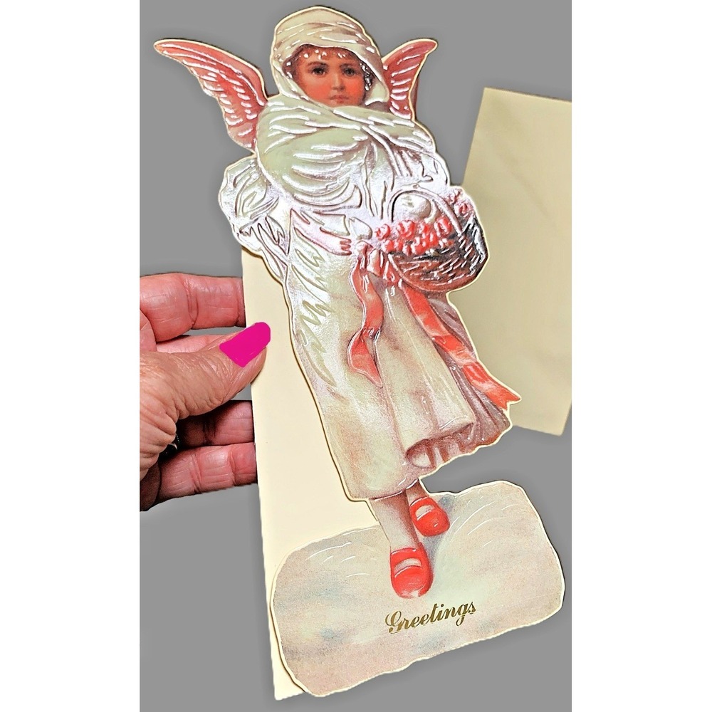 Victoriana Child Angel Die-cut Embossed Easel Christmas Card Ornament 1986 NOS
